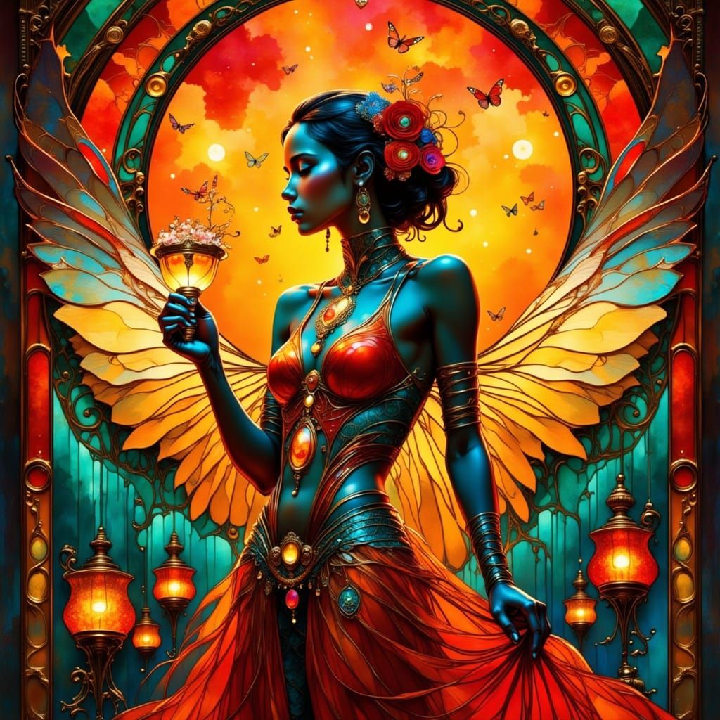 Cyber Fairy in Vibrant Stained Glass Fashion