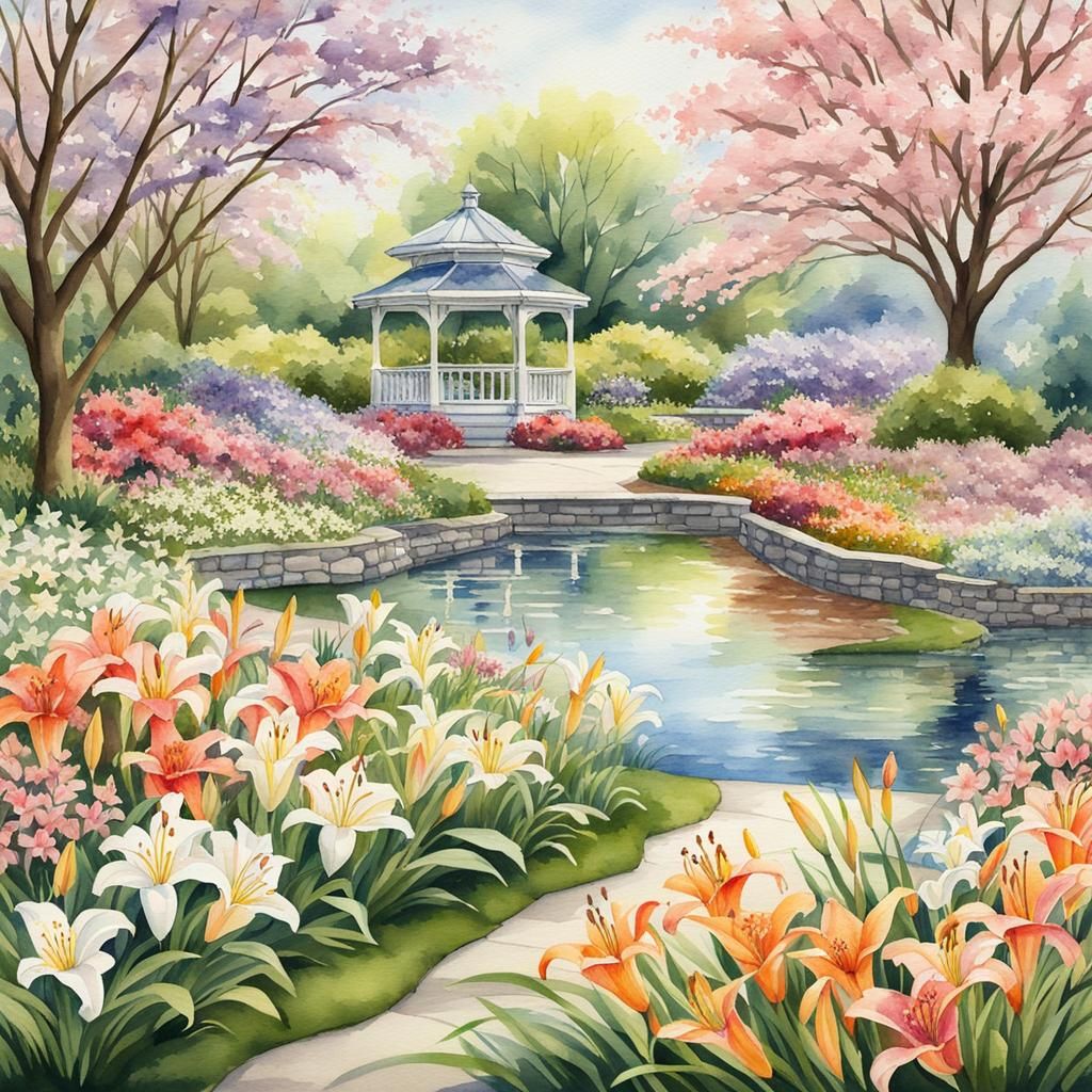 Watercolor Painting of a Serene Lily Garden