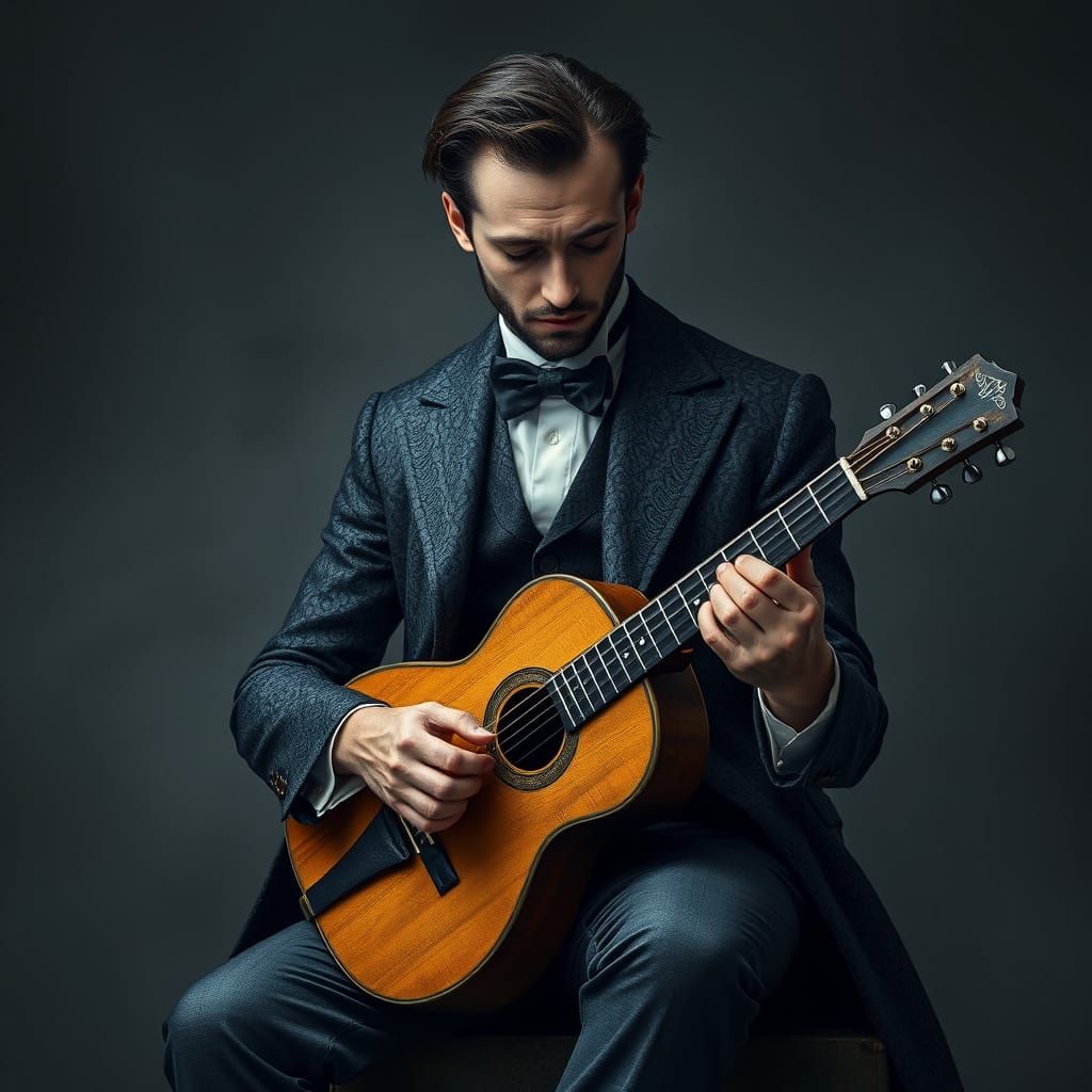 Melancholic Gentleman in Victorian-Era Suit, Playing Antique...