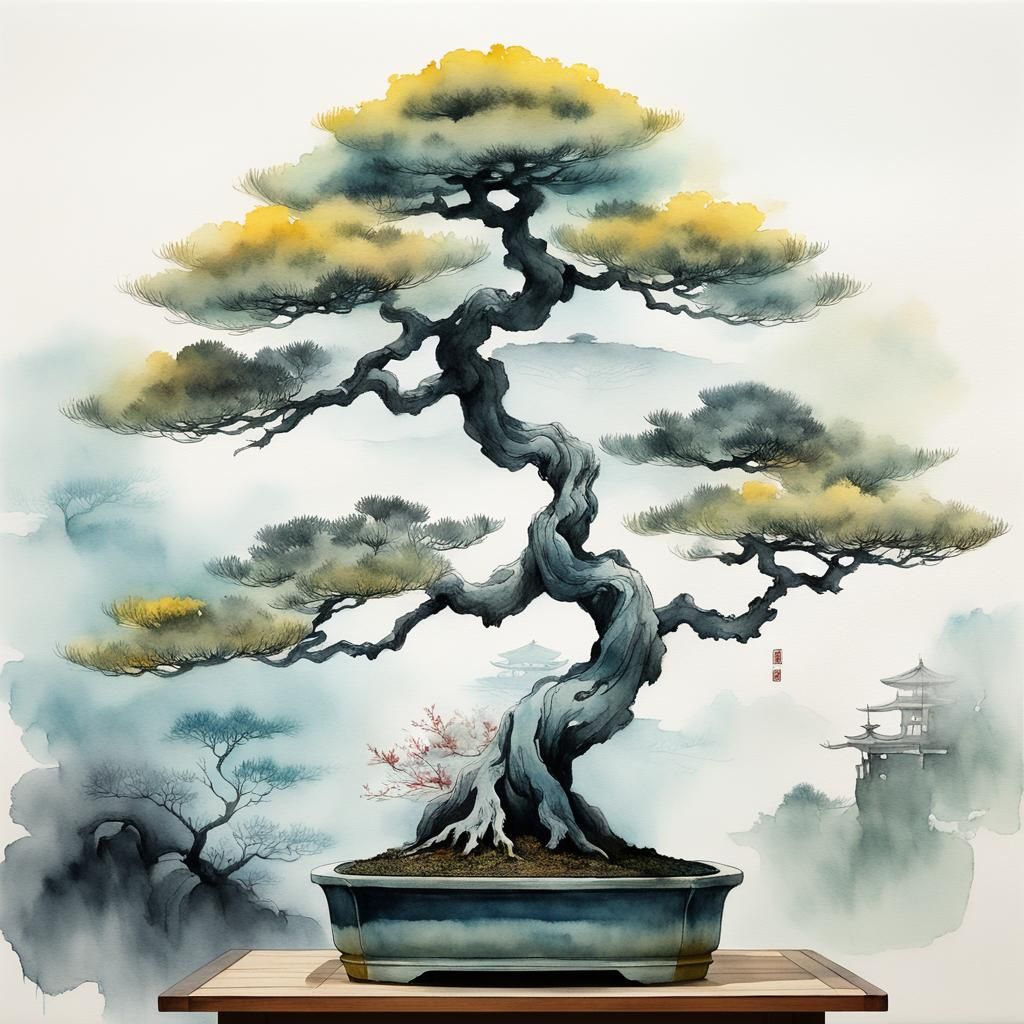 Japanese Man with Bonsai in Watercolor