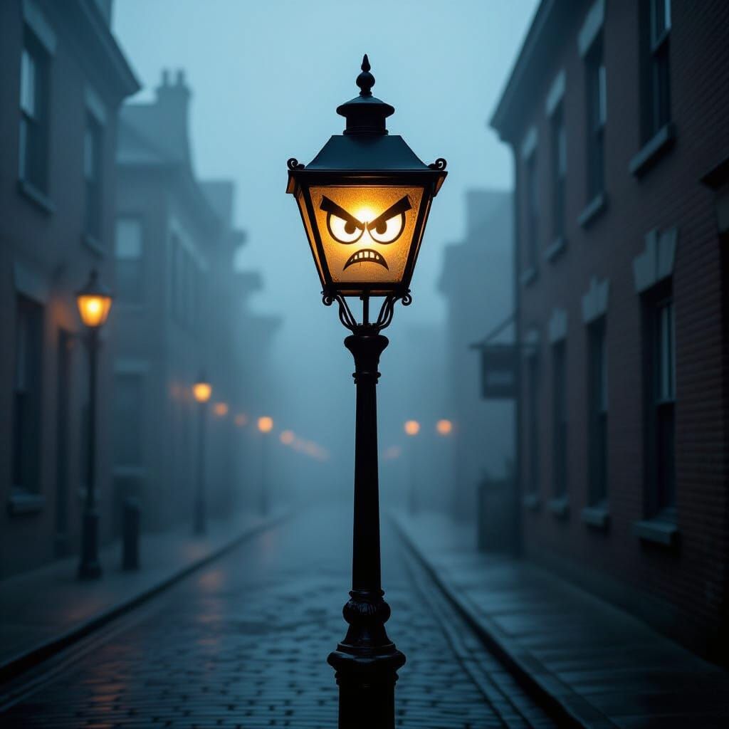 Menacing Streetlamp on Foggy Cobblestone Street