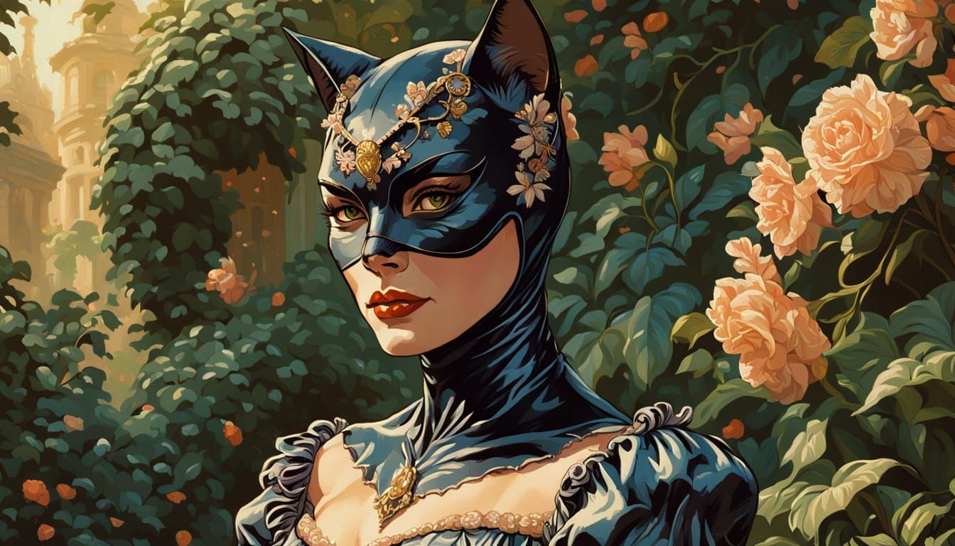 Noble Catwoman in Rococo Garden: Vintage Oil Painting