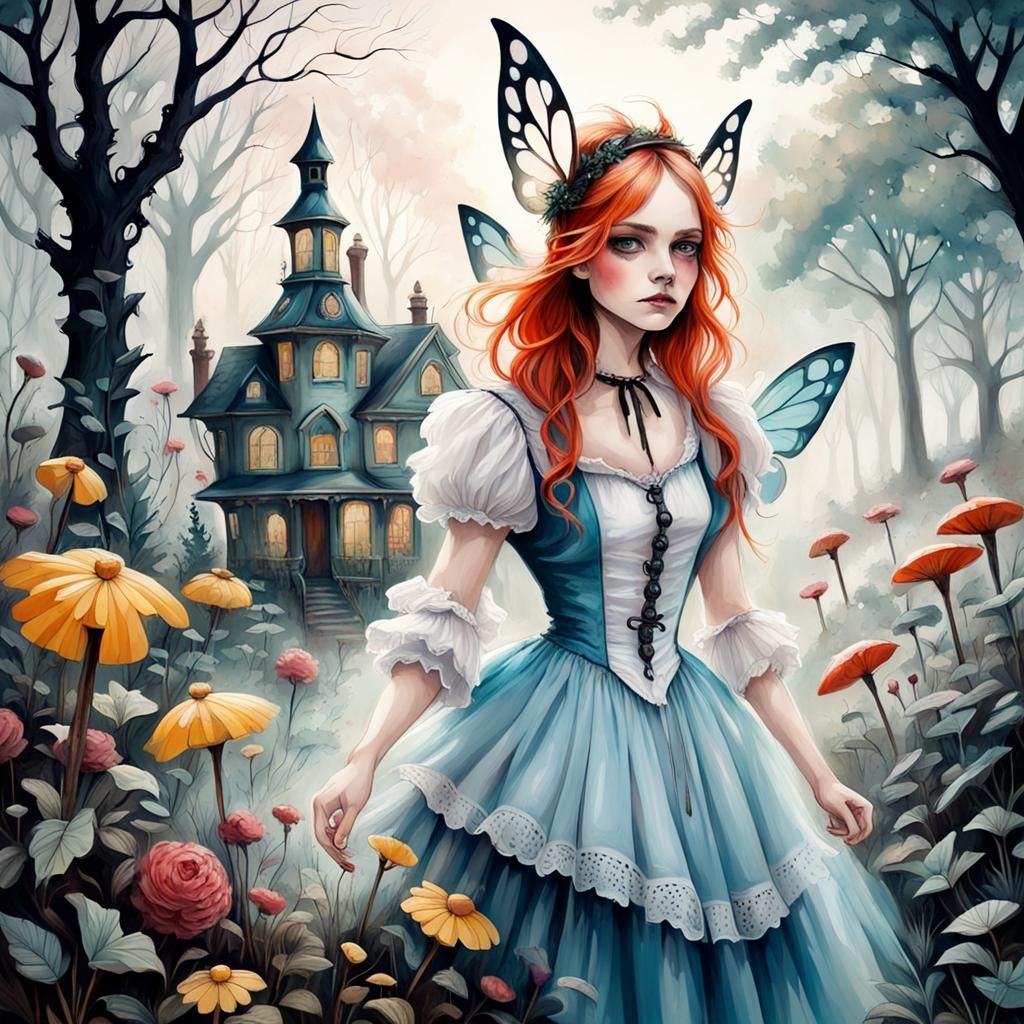 Victorian Fairy Alice in Misty Garden Wonderland