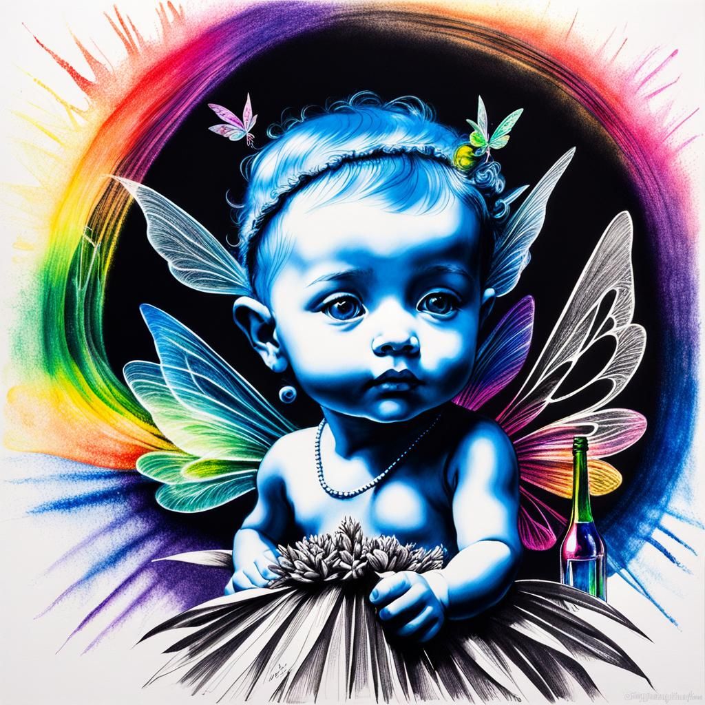 Child's Surreal Crayon Drawing of Luminous Fairy