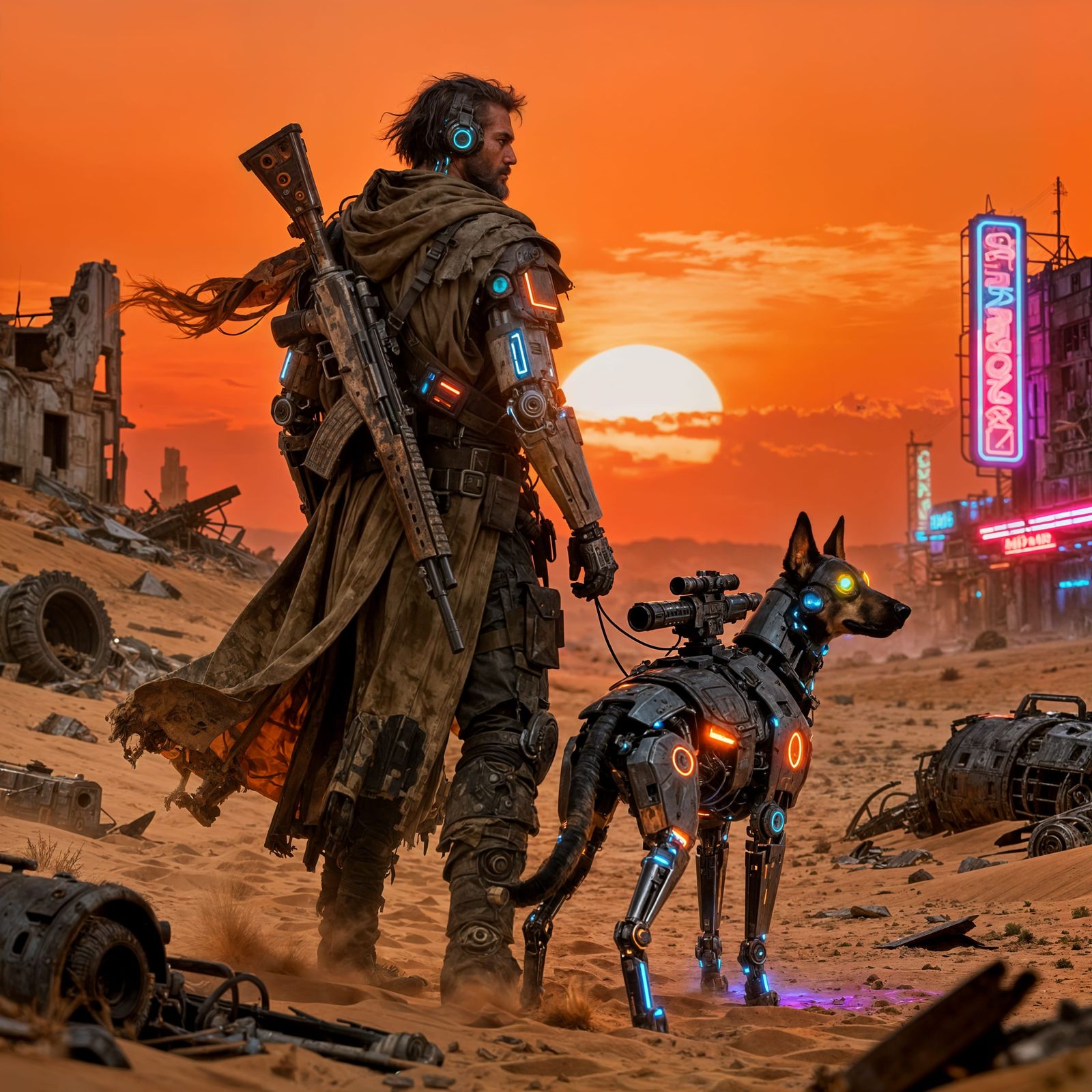 Cyberpunk Wanderer and Dog in Desert Sunset