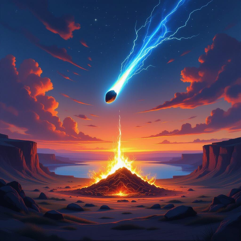 Blue Asteroid Impact on Enchanted Plains at Dusk