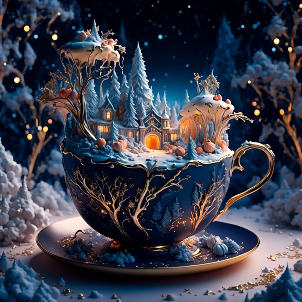 Winter Forest Cake Diorama in Elegant Porcelain Cup