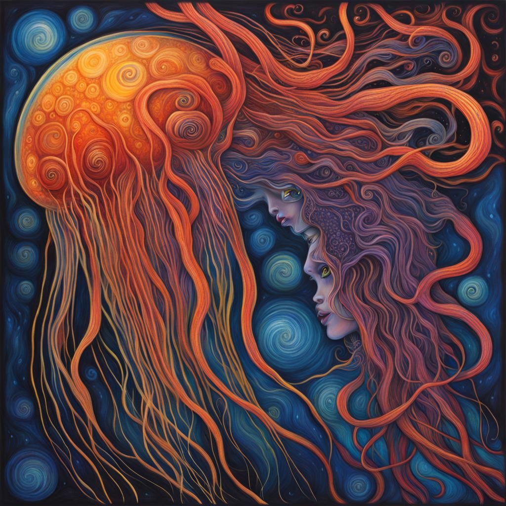 Curvy Jellyfish Woman Swimming: Alcohol Ink Illustration