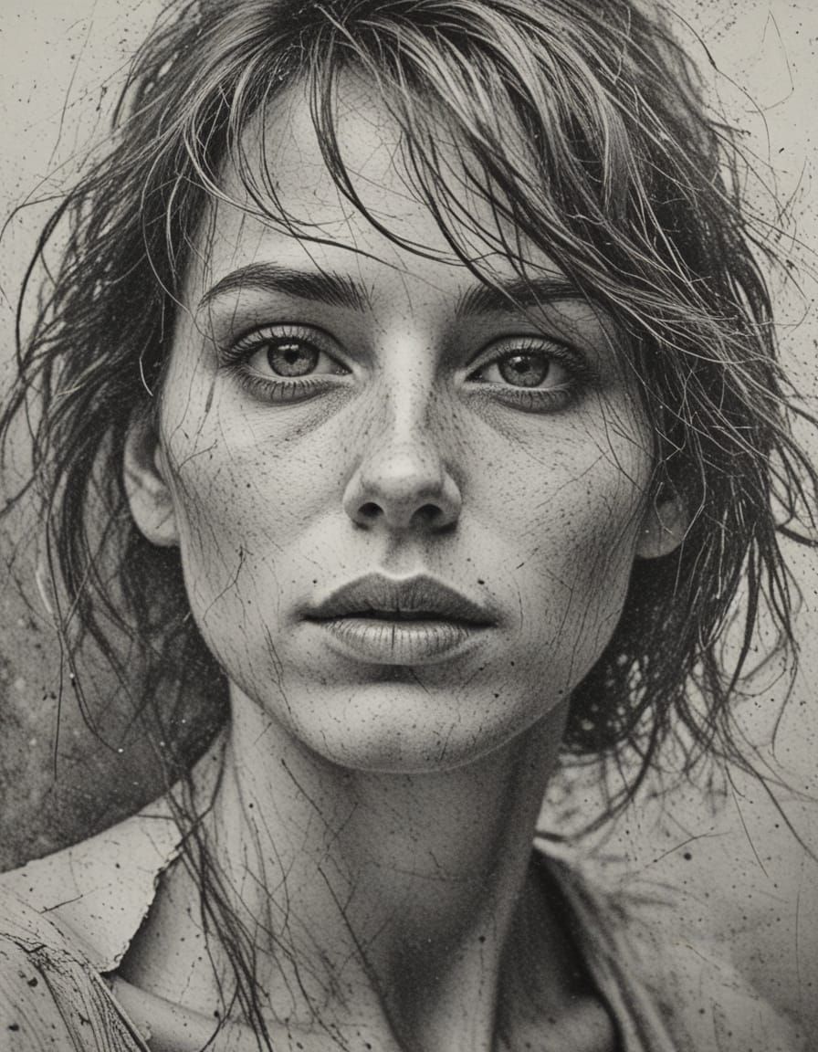 Abstract Woman Portrait in Neo-Impressionistic Etching Style