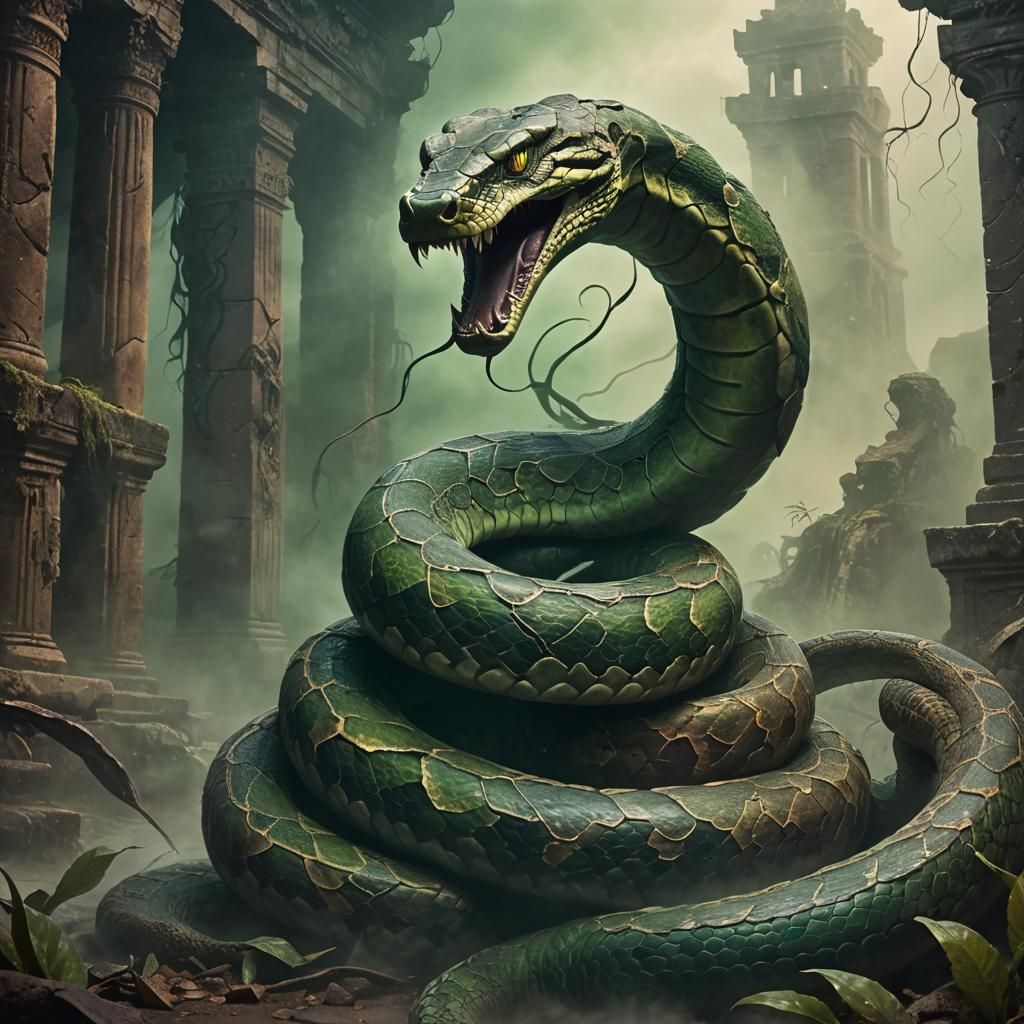 Monstrous Snake Slithering Through Ancient Ruins