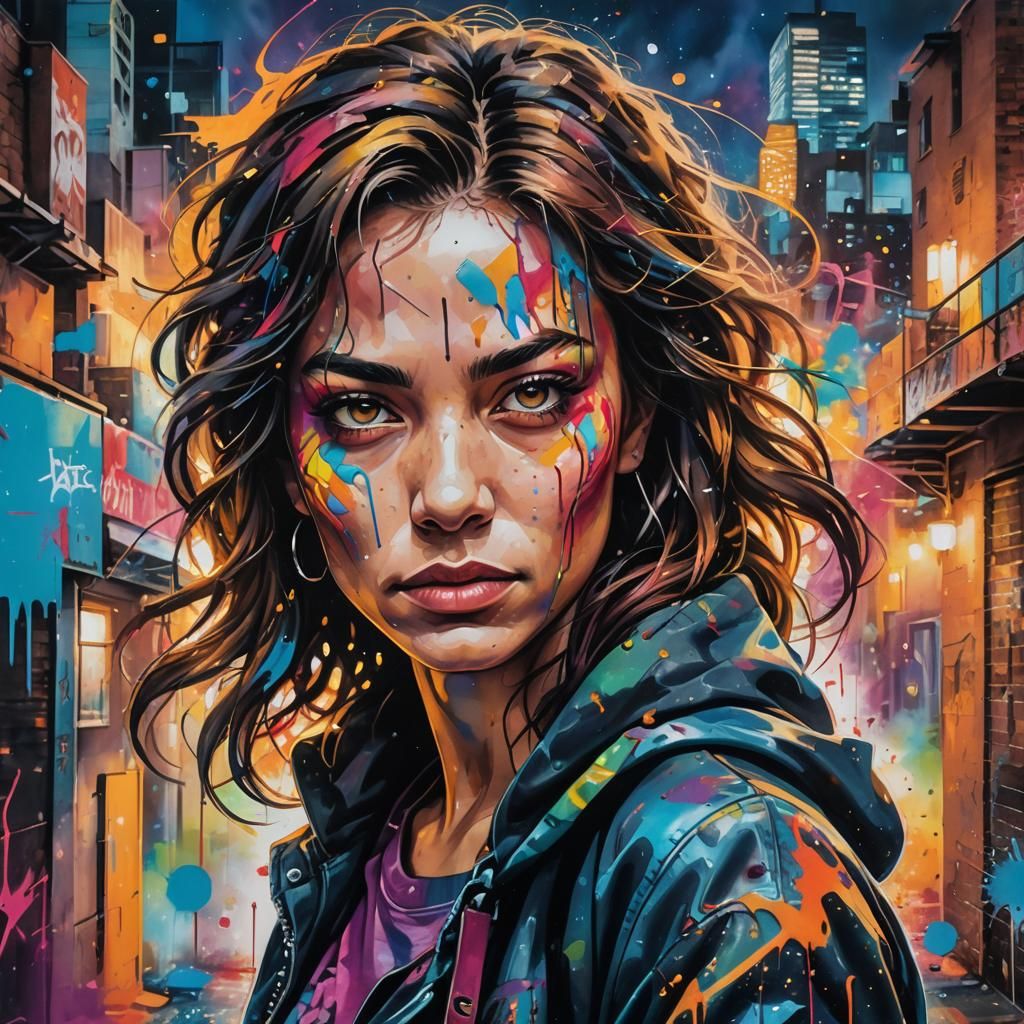 Bold Woman Portrait in Urban Abstract Expressionism