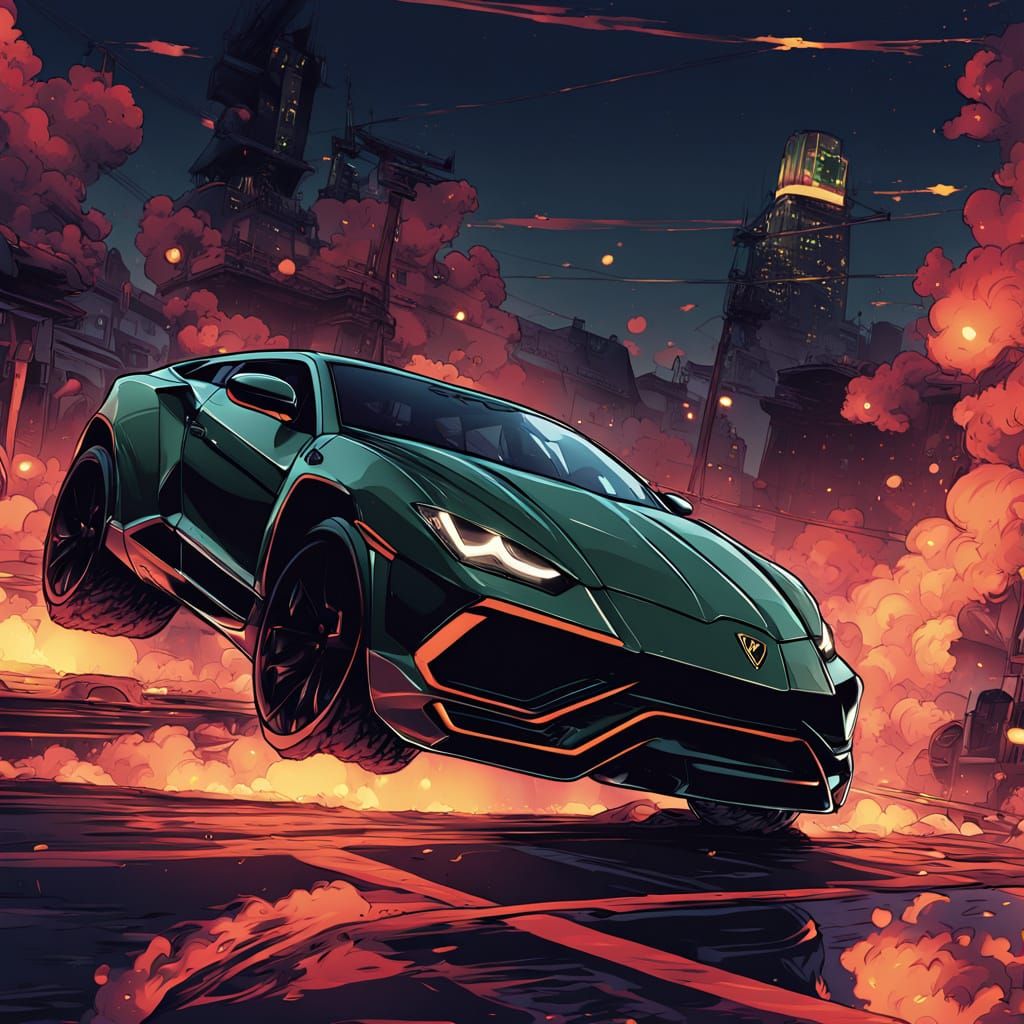 Skeleton driving a urus at night on fire Masterpiece, Best Q...