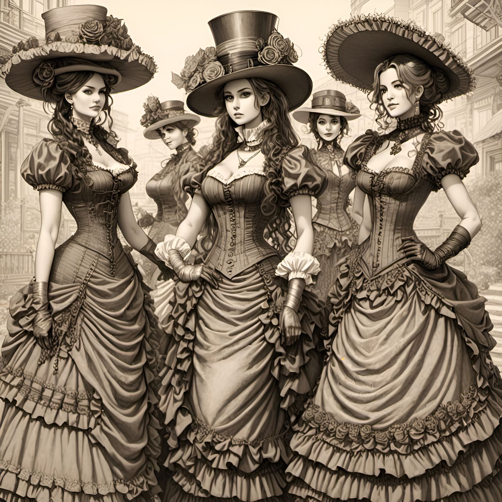 Steampunk Models in 1800s Parisian Fashion: Charcoal Drawing