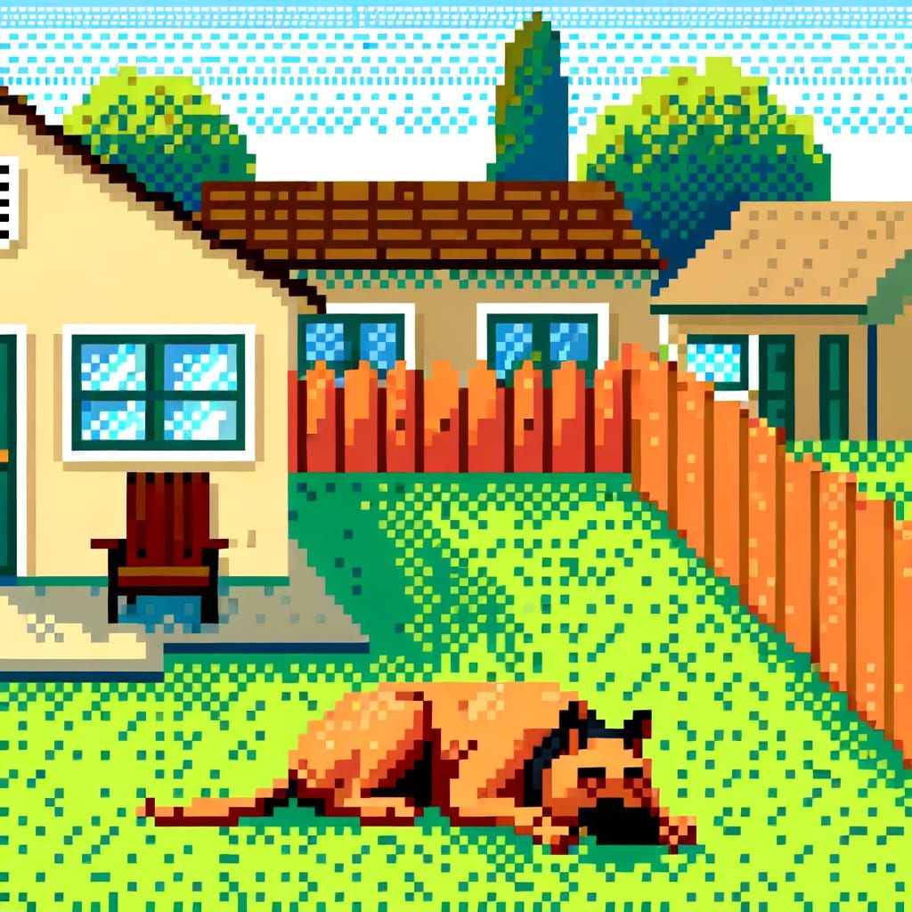 8-Bit Pixel Art Suburban Scene with Sleeping Guard Dog