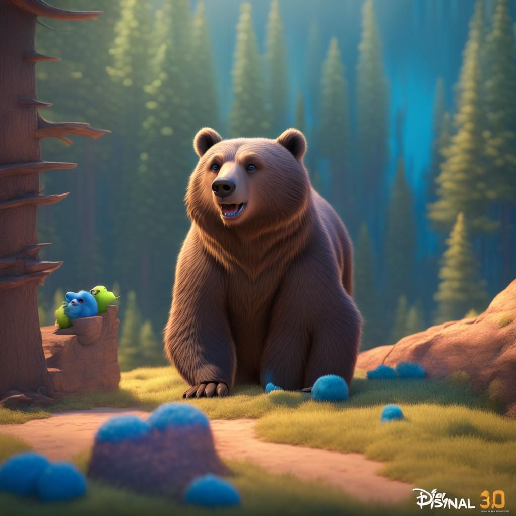Grizzly Bear with Blue Lemmings in 3D Style