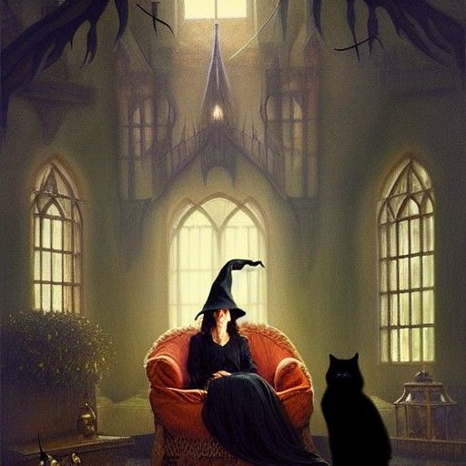 Witch and Cat in Castle Armchair, Digital Art