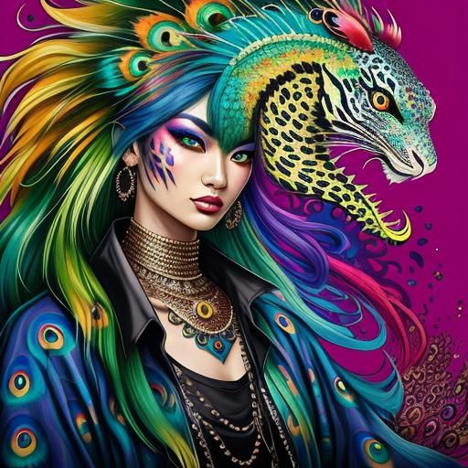 Colorful Asian Woman with Dragon Scales in Graffiti Art