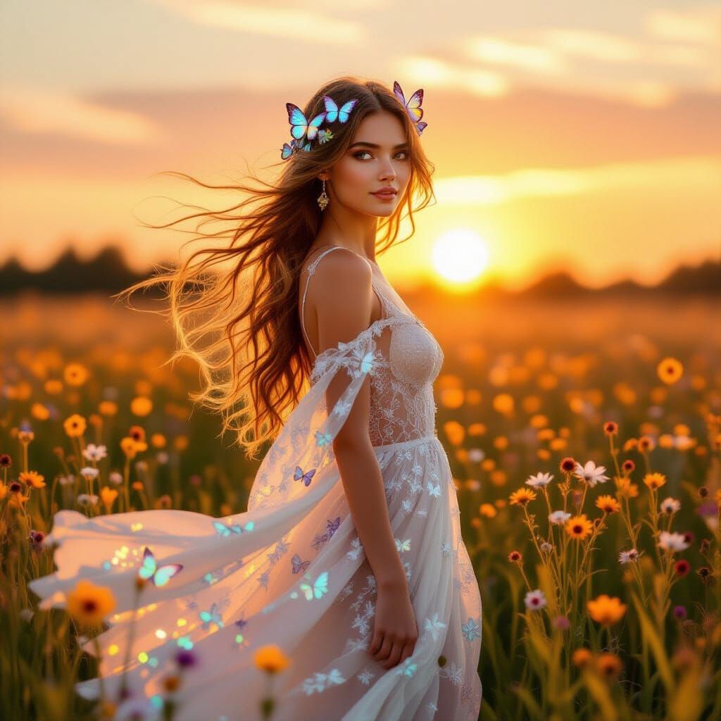 Ethereal Woman with Butterflies in Sunset Field