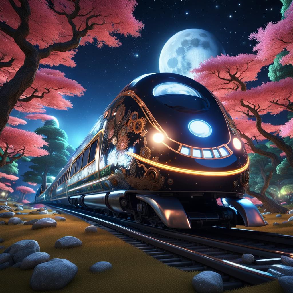 steampunk shinkansen with colourful yakuza tattoo livery tra...