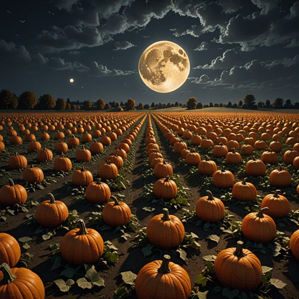Mesmerizing Realistic Pumpkin Field Under Full Moon