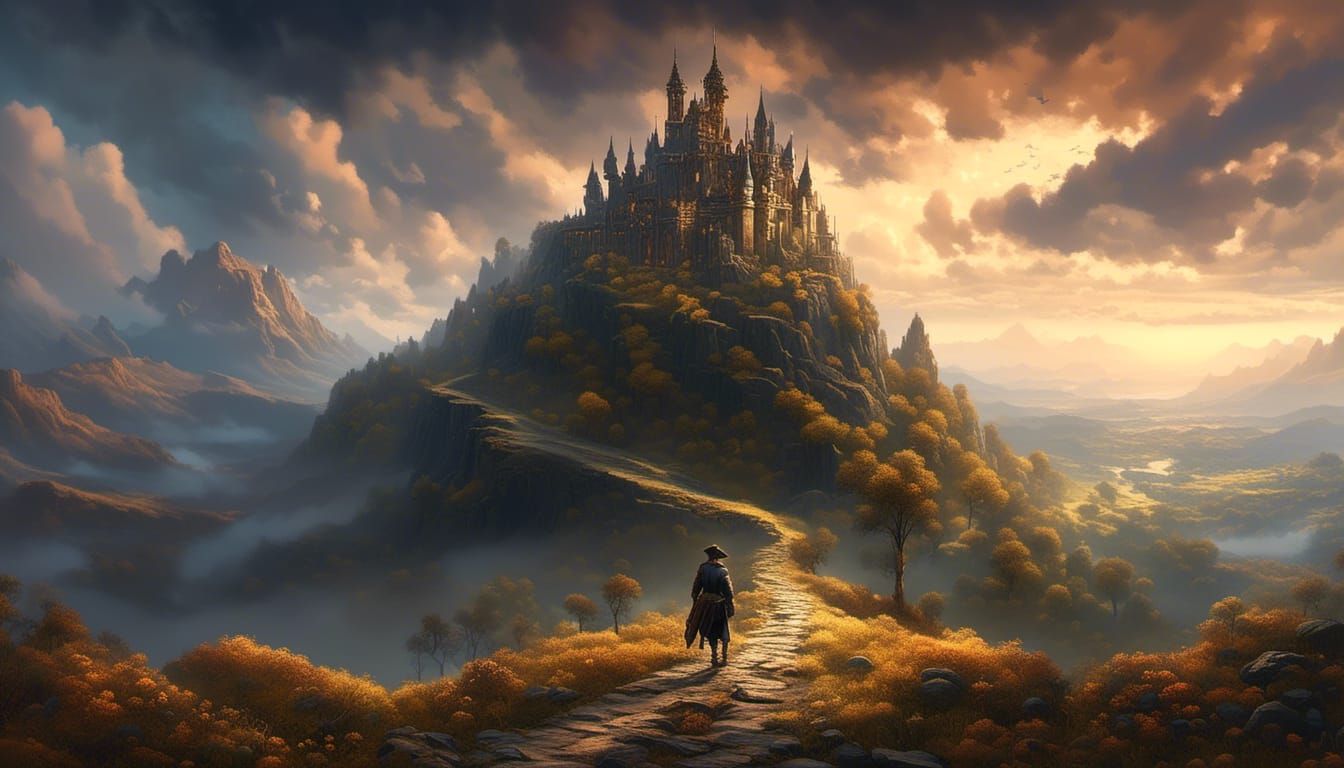 Hiker's Journey to a Golden Castle: Fantasy Art
