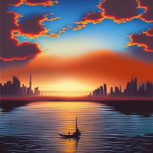 Surreal Cityscape at Sunset in 3D Digital Art