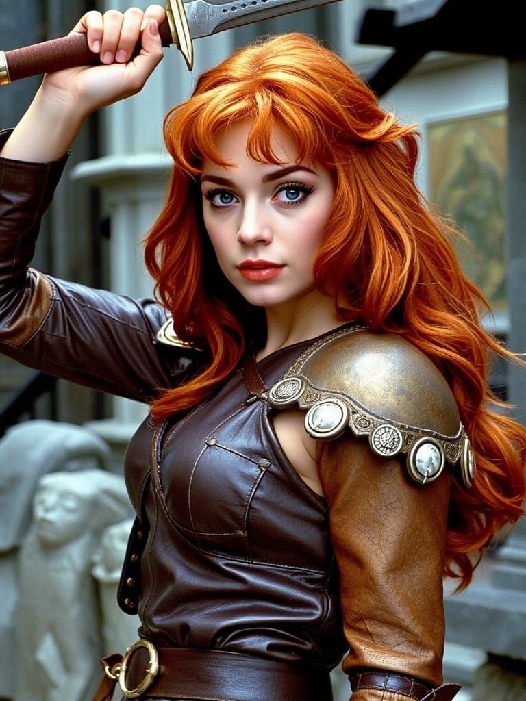 Red Sonja in Leather Armor Raises Sword in Challenge