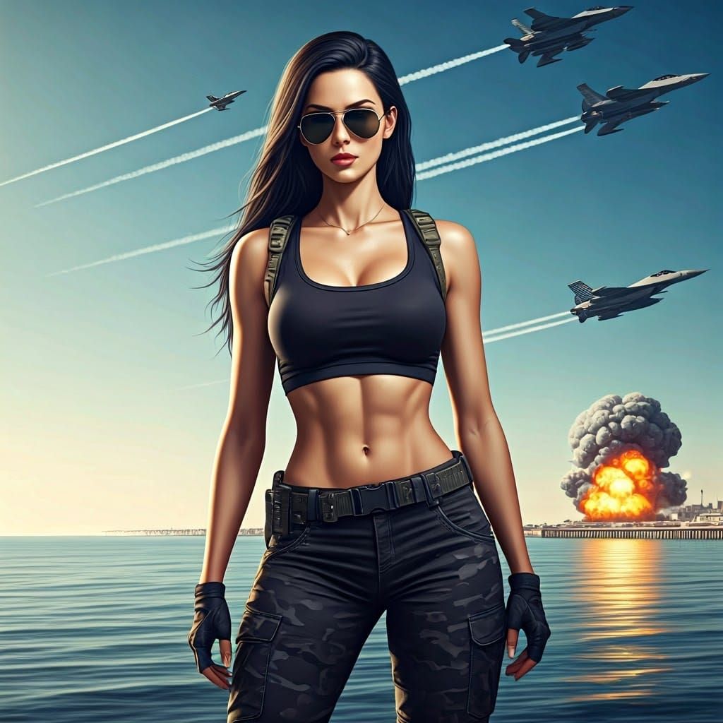 Tactical Woman on Pier with Fighter Jets