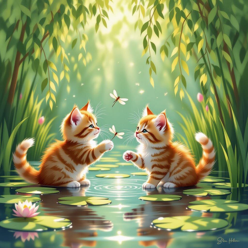 Fluffy Kittens Play by Sunlit Pond in Painterly Style