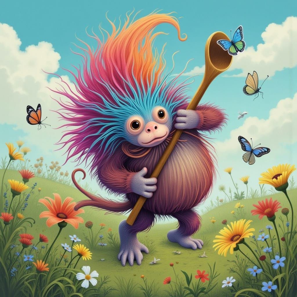 Rainbow Orangutan Frolics in Surrealist Meadow