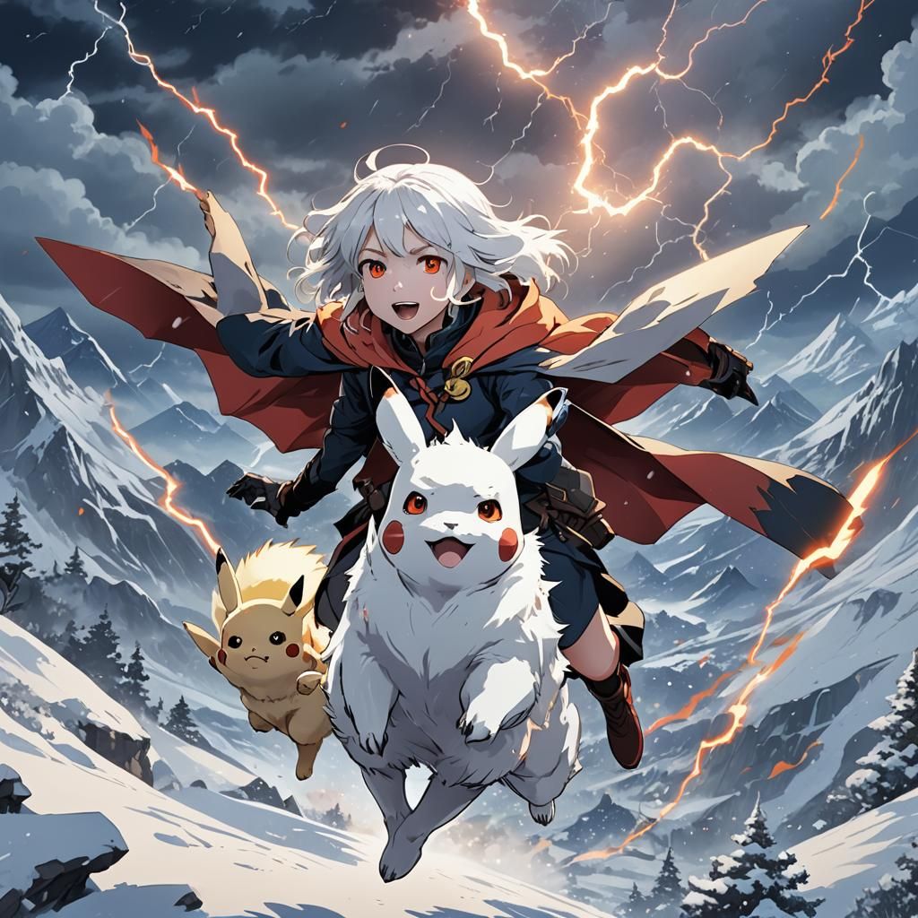 Vampire Girl and Pikachu in Snowy Anime Landscape