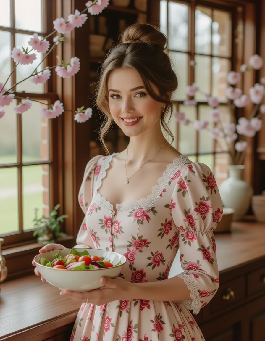 Victorian Woman Smiling in Luxurious Kitchen with Spring Blo...