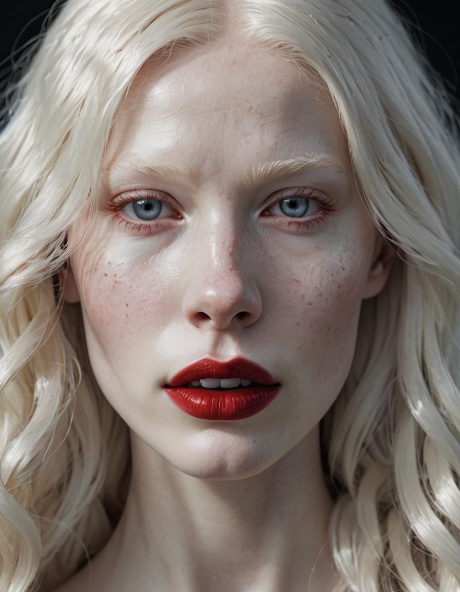 Albino Model with Red Lips: Hyperdetailed Portrait
