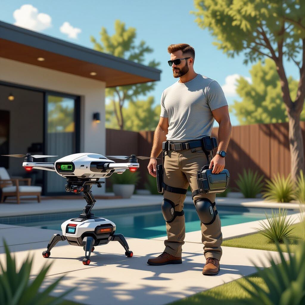 Futuristic Dad with BBQ Drone Assistant