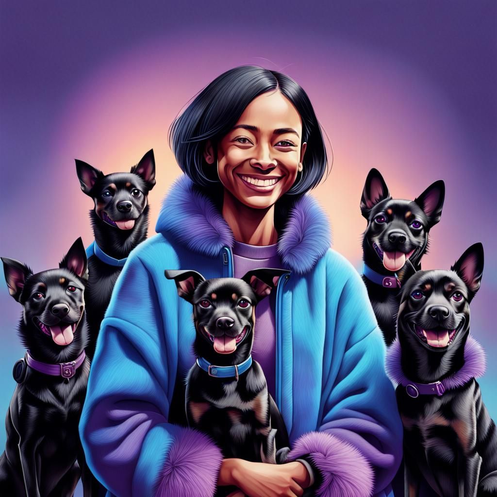 Person Surrounded by Sleek Black Dogs in Hyperreal Art