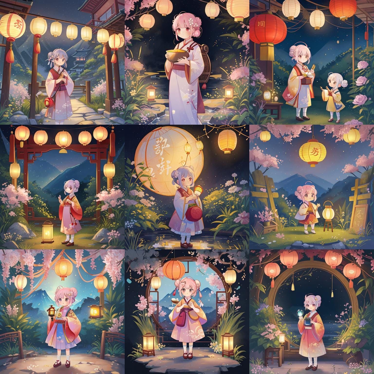 Girl in Hanfu with Lantern and Mei Flowers