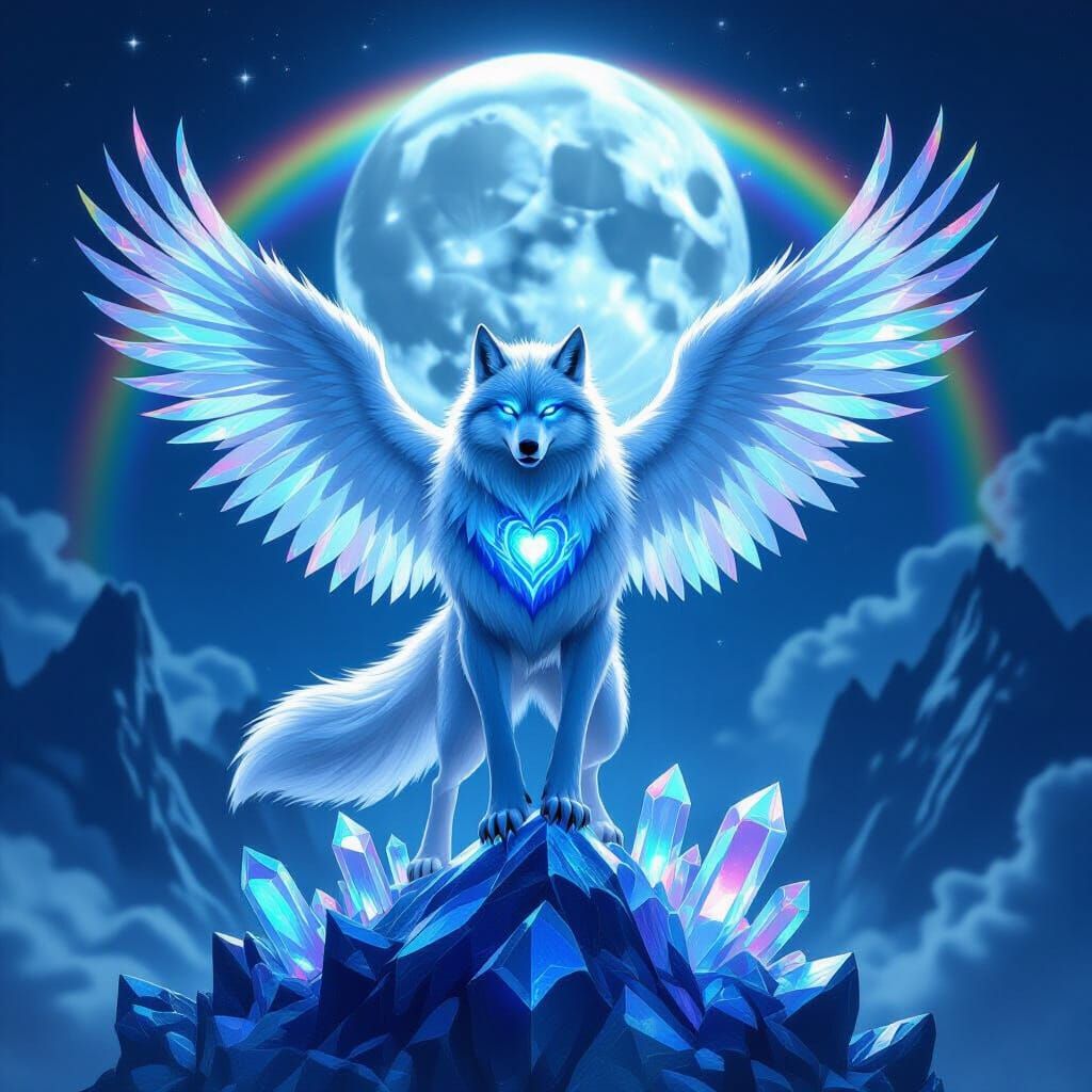 Werewolf Ice Phoenix on Crystal Platform Under Skull Moon
