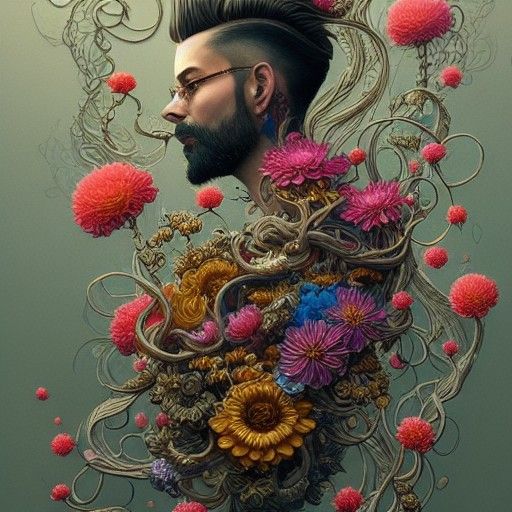 Floral Beard: Intricate Ink Illustration with Liquid Accents