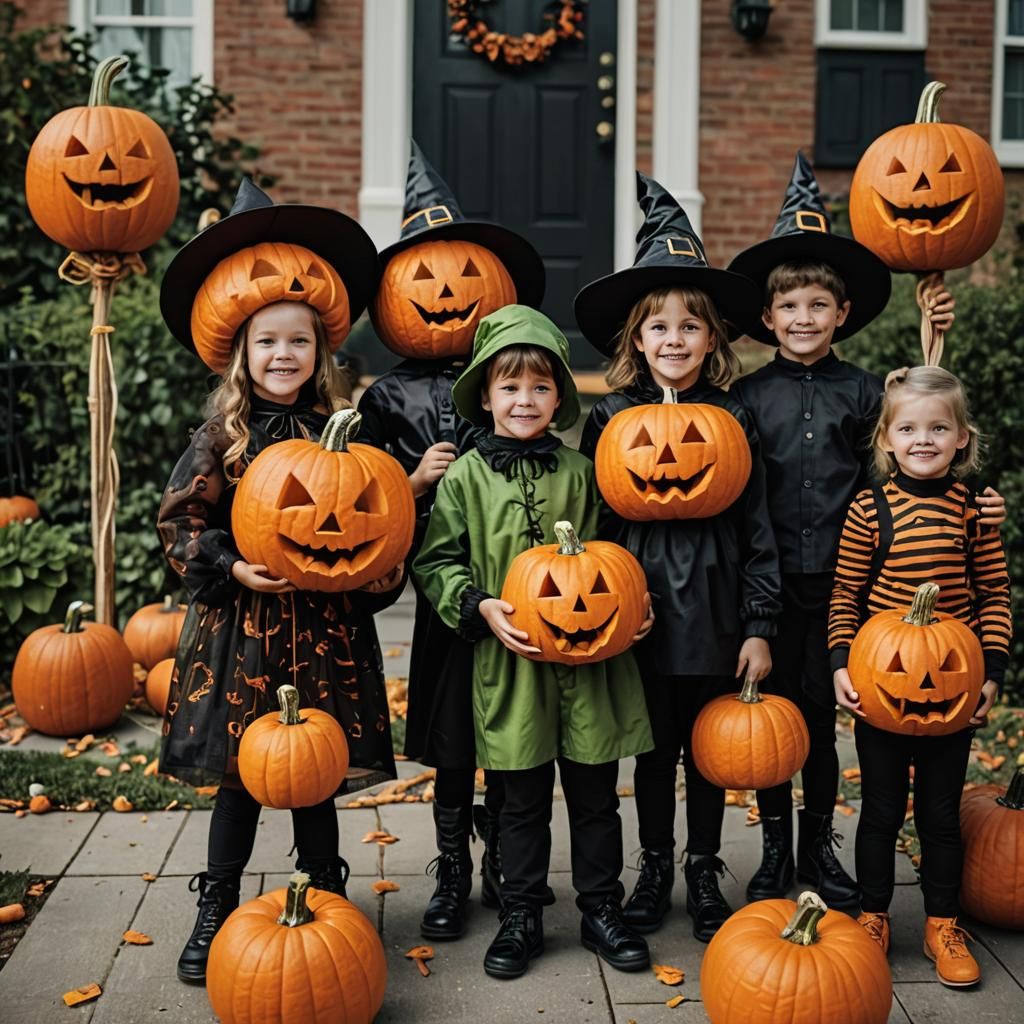 Halloween Kids with Pumpkin Heads in Costume