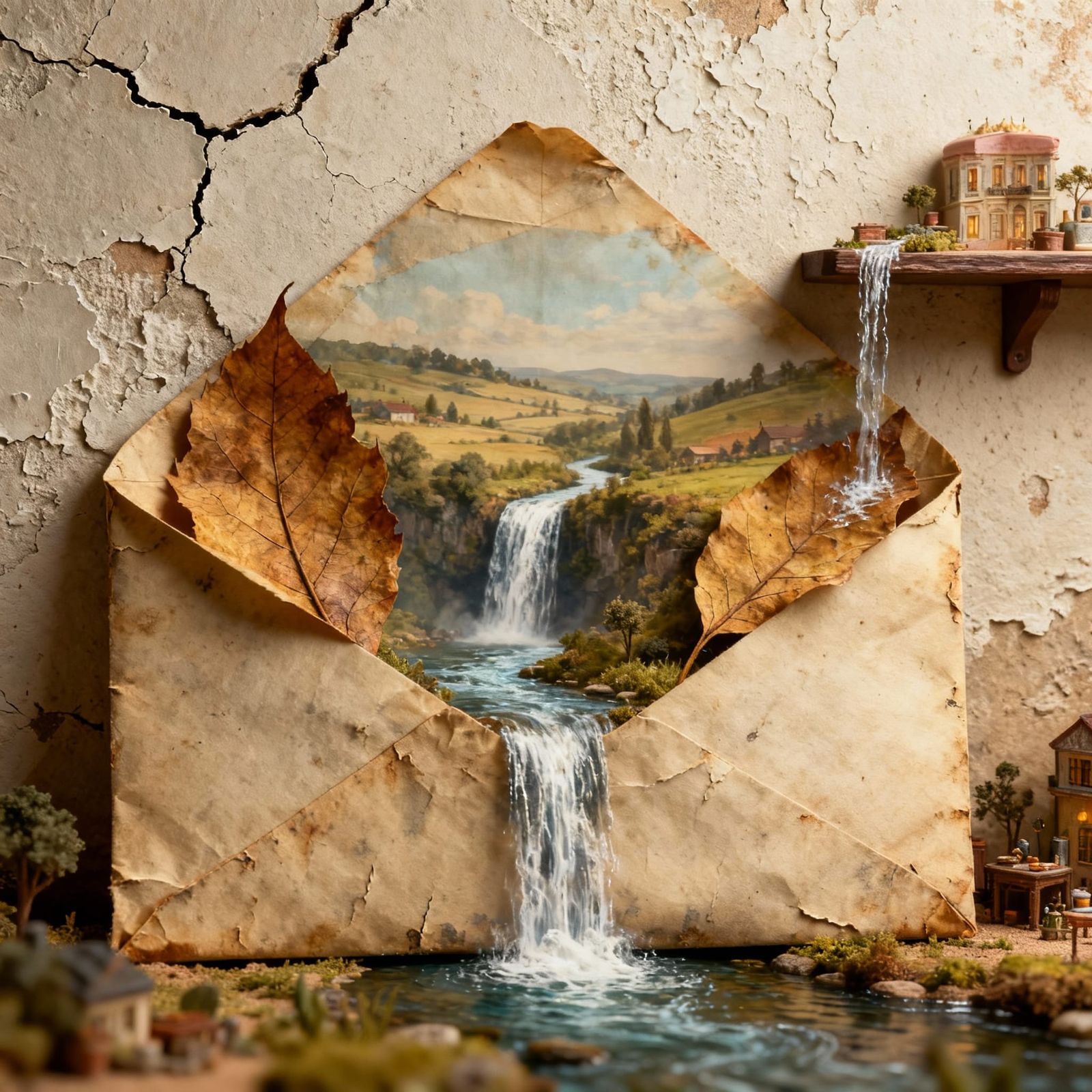 Fantasy Double Exposure: Leaf Envelope Revealing Countryside