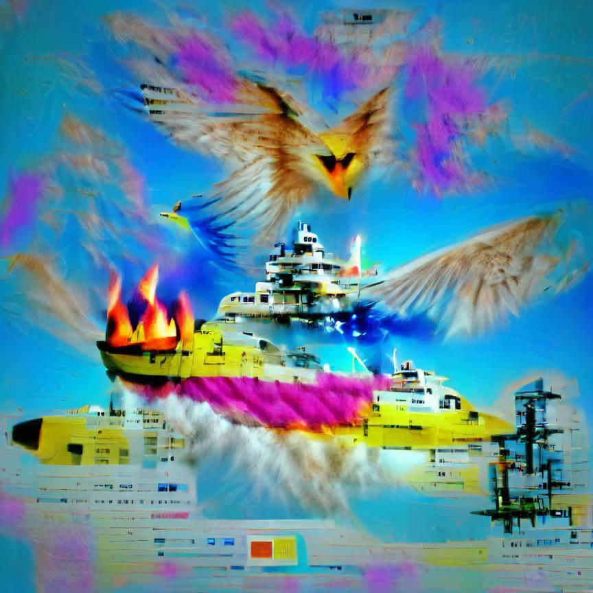Futuristic Eagle Warship Soaring Over Fiery City