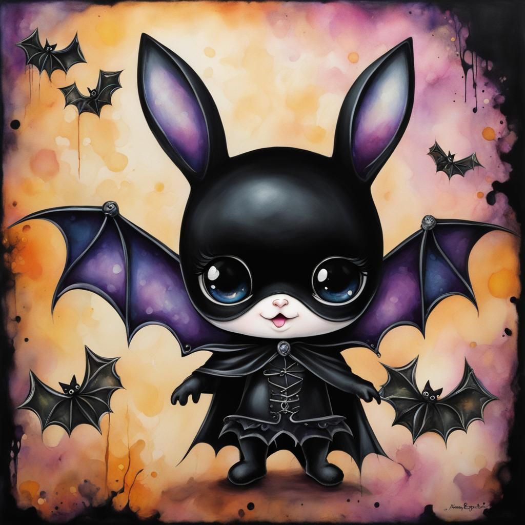 "Adorable whimsical happy bunny wearing a black eye costume ...