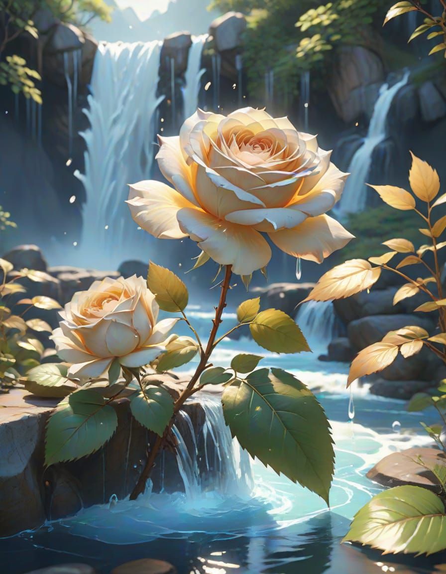 Translucent Rose Blooms in Misty Waterfall Paradise