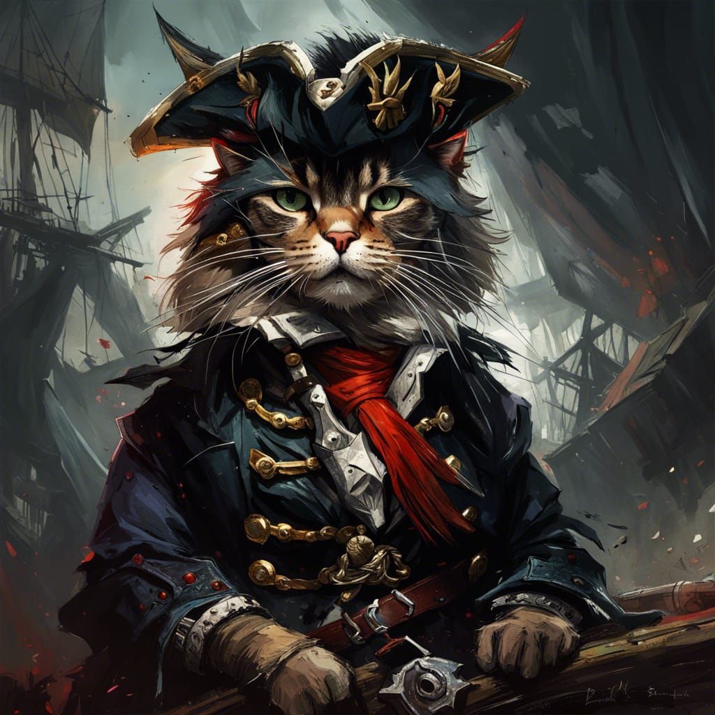 Fierce Pirate Cat Portrait in Dark Style