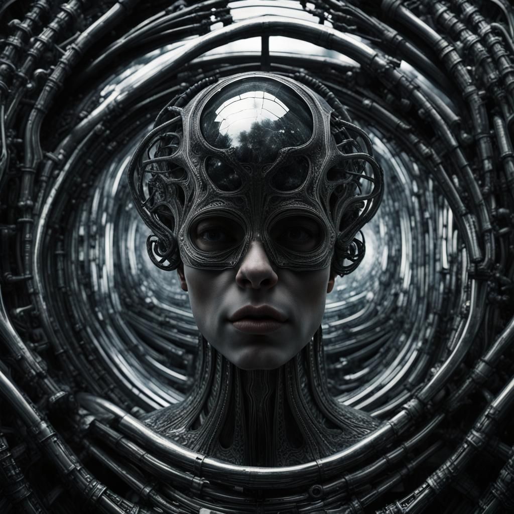 Dark Portrait in HR Giger Style with 3D Interface