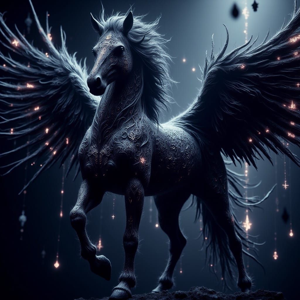 Mystical Pegasus Illuminated by Radiant Runes in the Dark Ni...