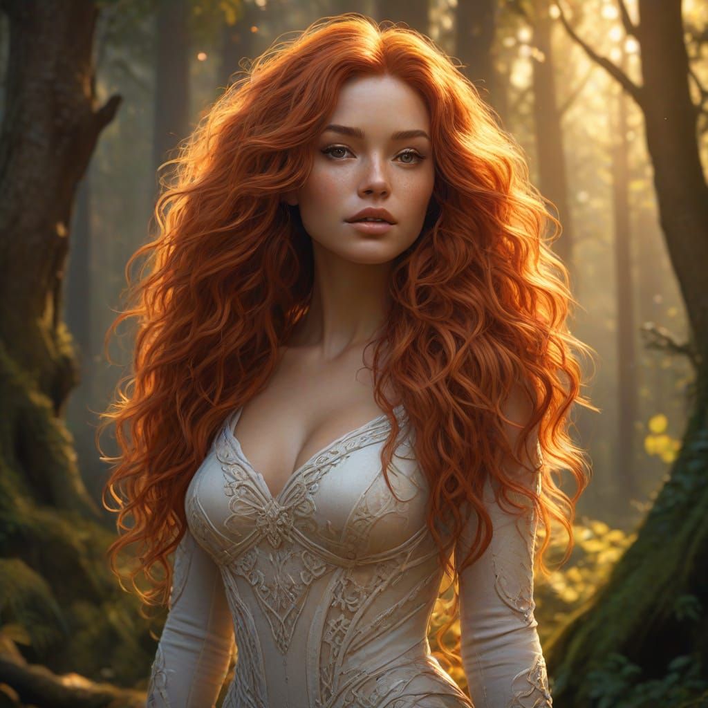 Redhead Woman in Enchanting Forest: Digital Fantasy Art