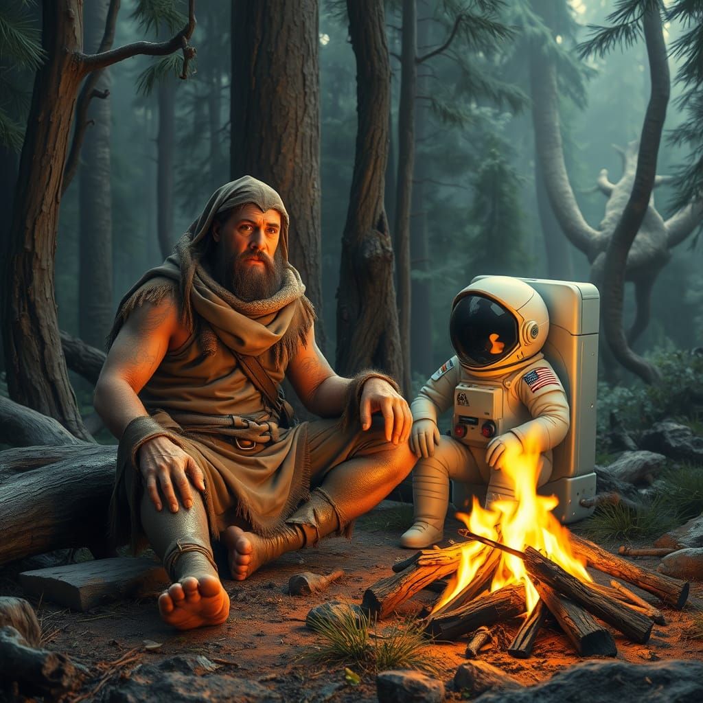 Caveman Meets Astronaut by Campfire in Forest
