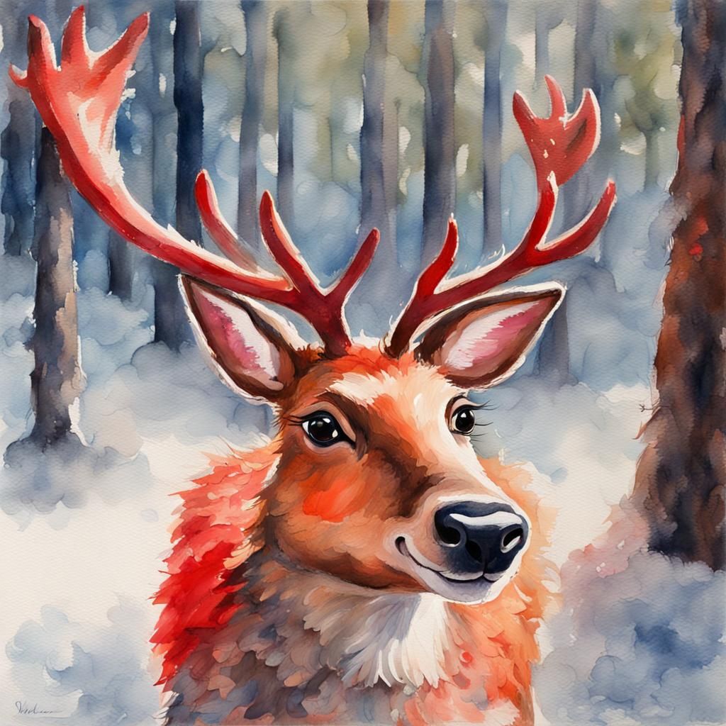 Rudolph Reindeer in Gouache Impressionist Style
