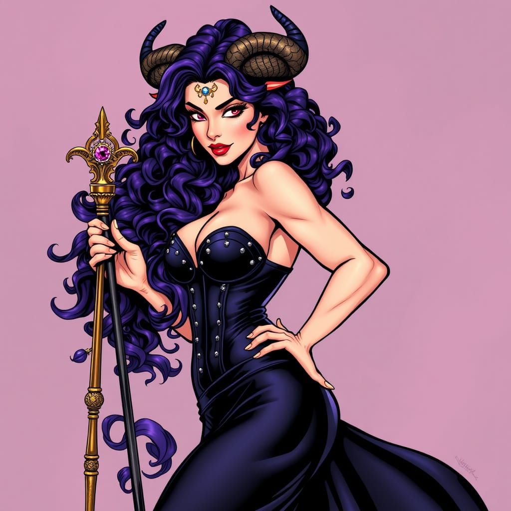 Sensual Taurus Goddess with Fiery Horns and Purple Locks